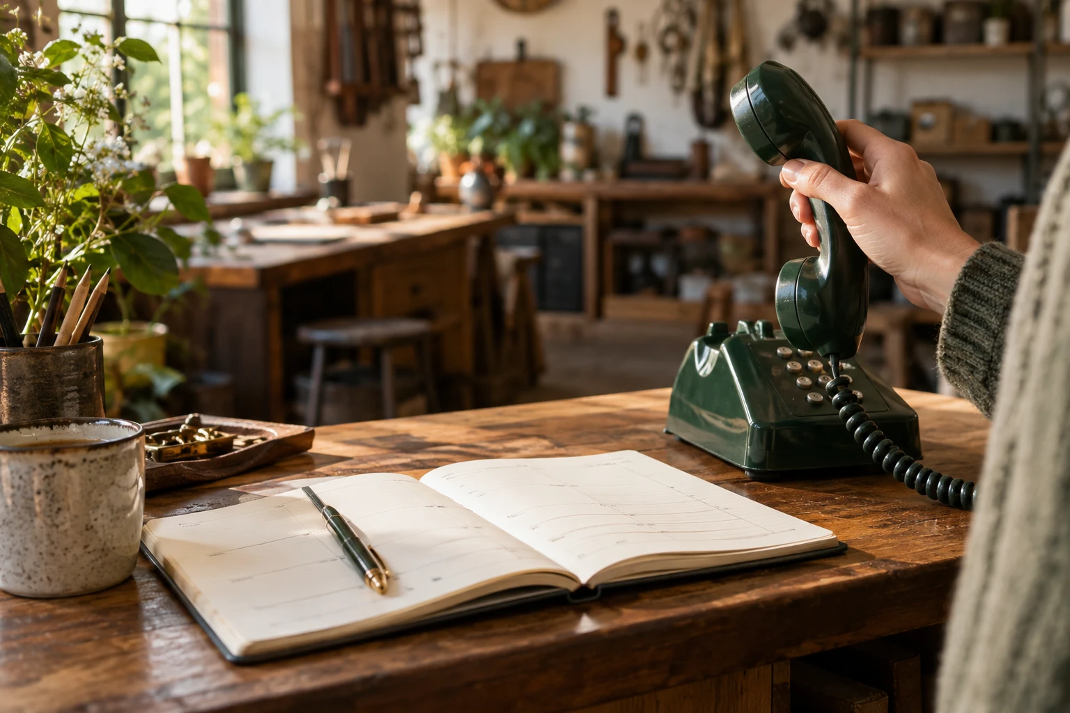 A business call answered beside an appointment diary