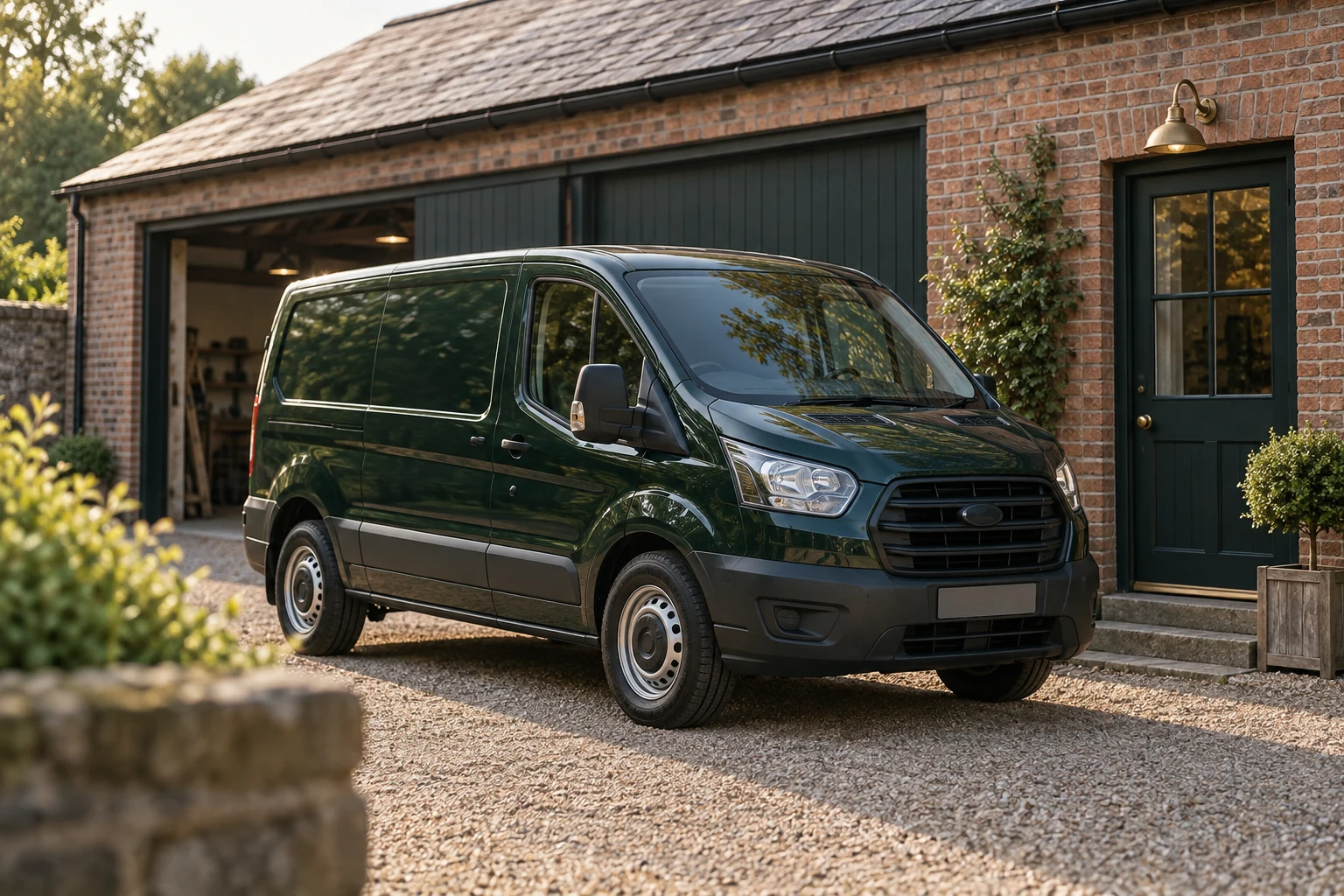 A professional service van outside a tidy trades workshop