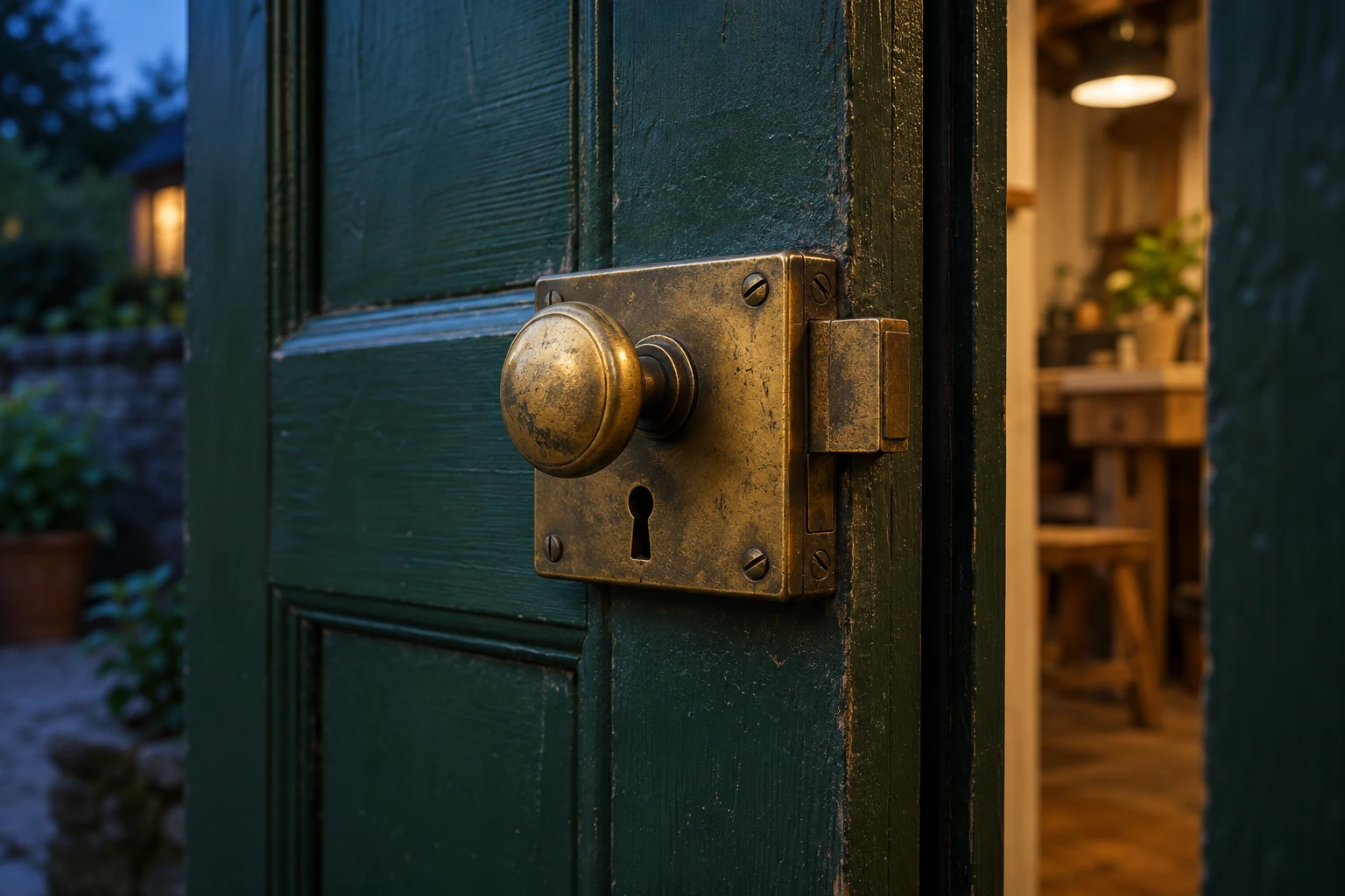 A brass lock securing a forest-green workshop door